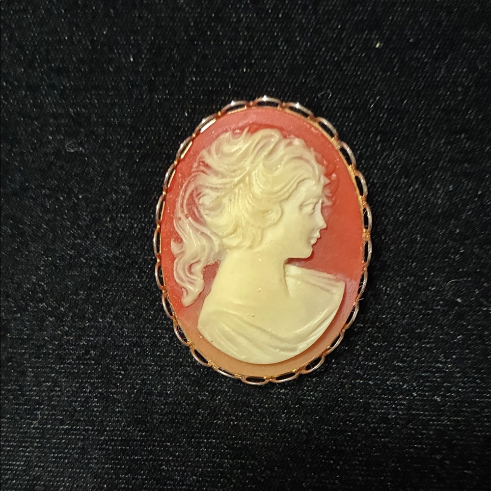 Vintage Style Coral and Cream Cameo Brooch - Classic Women's Jewelry